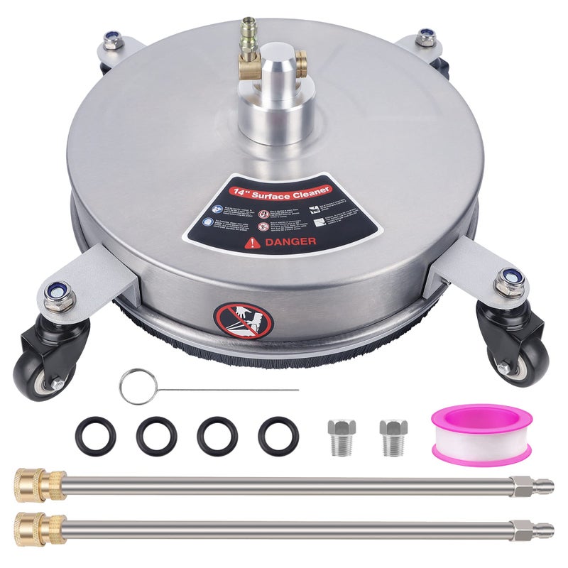 Biswing 14" Pressure Washer Surface Cleaner with 4 Wheels, Stainless Steel Power Washer Accessory for Driveways Sidewalks Patios Cleaning, 1/4" Quick Connector, 2 Extension Wand Attachments, 4000 PSI - Image 1